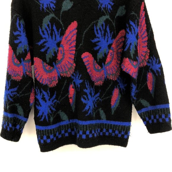 Vintage 1970's Hudson's Bay Butterfly Black blue pink Acrylic knit sweater 70s M - Picture 12 of 15
